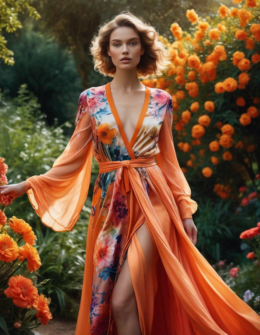 A captivating scene showcasing a fashion model in a lush outdoor setting, elegantly posed with flowing garments that glisten under natural light. The background features vibrant flowers and a picturesque landscape, while the model's confident expression exudes charm and allure. Include creative angles and dynamic compositions to highlight the art of fashion photography. super-realistic. vibrant colors. natural lighting.