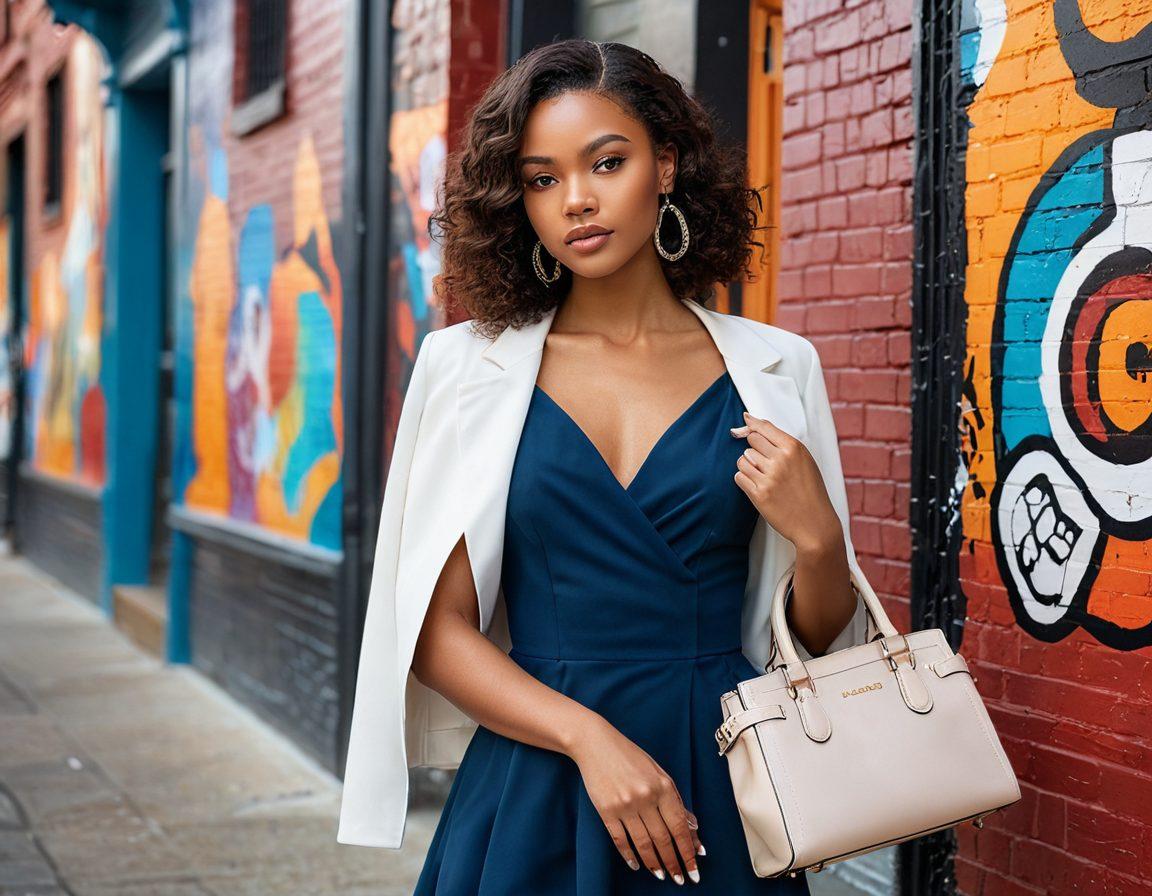 A stylish model posing gracefully in a chic urban setting, adorned in a fashionable outfit that blends modern and classic elements. The backdrop features artistic murals and elegant architectural details, enhancing the overall sophistication. Capture the essence of beauty with soft, natural lighting that highlights her flawless complexion and striking features. Include props like designer handbags and accessories to emphasize elegance. super-realistic. vibrant colors. white background.